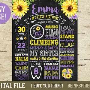 Tablero de cumpleaños de girasol - ARCHIVO DIGITAL imprimible - Pizarra de primer cumpleaños de girasoles rosas y amarillos - ¡Cualquier edad! ¡Cambia las Secciones!