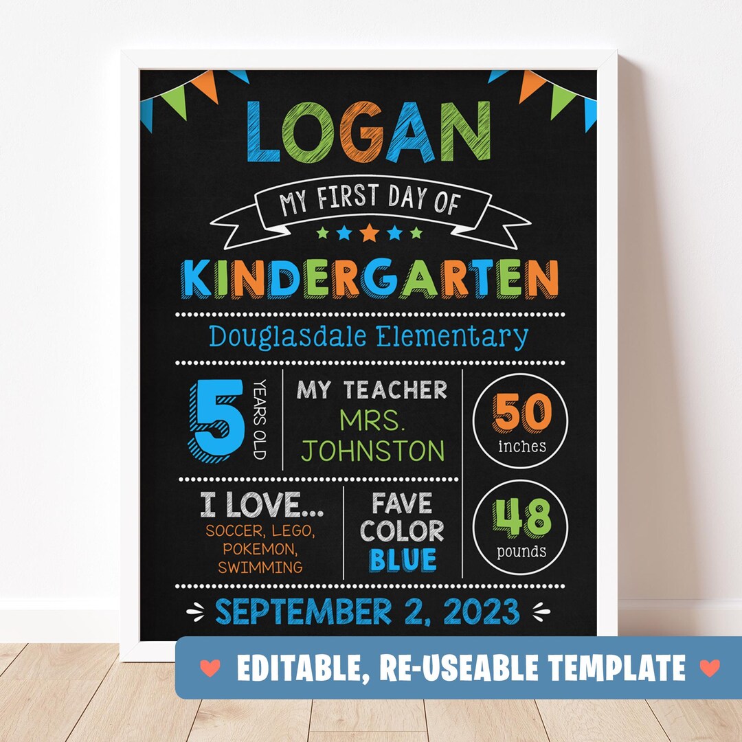 First Day of School Chalkboard Sign - Editable DIGITAL FILE - Blue and ...