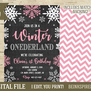 Winter ONEderland verjaardagsuitnodiging - Afdrukbaar DIGITAAL BESTAND - Roze en zilveren glitter eerste verjaardagsuitnodiging