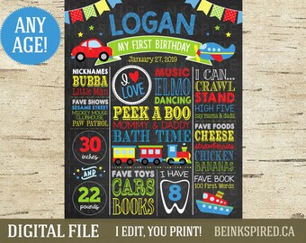 May include: A chalkboard style birthday sign for a boy named Logan celebrating his first birthday on January 27, 2019. The sign features a colorful design with cars, trains, and airplanes. It includes details about Logan's age, height, weight, favorite foods, toys, and books. The sign also includes a tooth with the number 8, indicating that Logan has 8 teeth.
