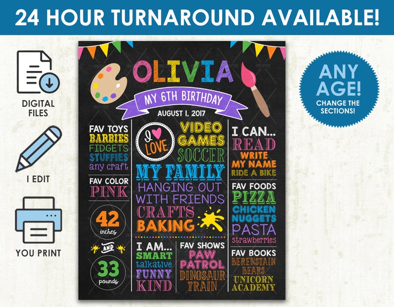 May include: A chalkboard style birthday sign with a purple banner that says "Olivia My 6th Birthday August 1, 2017". The sign is decorated with colorful paint splatters and includes information about Olivia's favorite things, including toys, games, foods, and books. The sign also includes information about Olivia's height and weight.