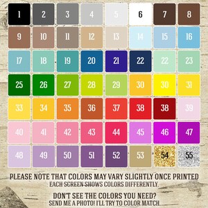May include: A color chart featuring 55 numbered color swatches in various shades, including black, gray, beige, blue, green, yellow, red, pink, purple, and gold. Text at the bottom explains color variations and offers custom color matching.