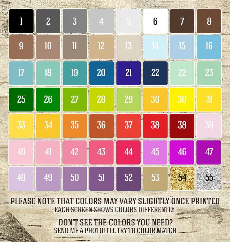 May include: A color chart featuring 55 numbered color swatches in various shades, including black, gray, beige, blue, green, yellow, red, pink, purple, and gold. Text at the bottom explains color variations and offers custom color matching.