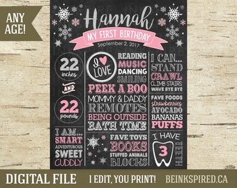 Winter ONEderland Birthday Chalkboard - Printable DIGITAL FILE - 1st Birthday Chalkboard, Winter Wonderland, Pink & Silver, Sign, Snowflakes
