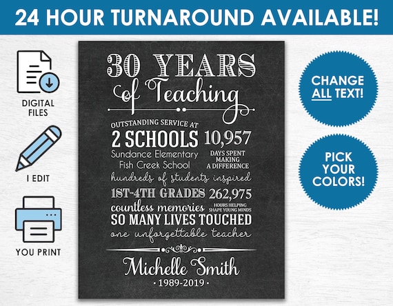 Teacher Retirement Gift - Printable DIGITAL FILE - Personalized Print for Retiring Teacher from Staff - Change all Text! Any Colors!