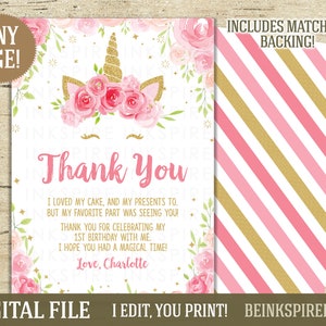 Unicorn Bedankkaart - DIGITAAL BESTAND - Gepersonaliseerde Unicorn Birthday Party Bedankt - Elke leeftijd! Wijzig het bericht! Fotoversie beschikbaar!