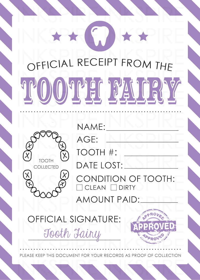 Tooth Fairy Receipt for Girls INSTANT DOWNLOAD Printable Etsy Australia