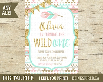 Girl Tribal Invitation, Wild One Birthday Invitation, Wild One Party Invitation, Girl Wild One, Pink Mint Gold Glitter, DIGITAL FILE