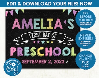 Editable First Day of School Poster - DIGITAL FILE - Printable Pastel Girls Back to School Sign - Download & Edit Yourself NOW!