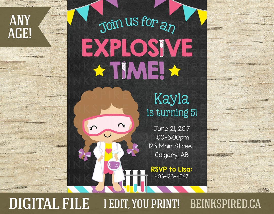 Girl Science Birthday Invitation, Science Party, Science Invite, Mad