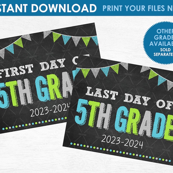 Printable First and Last Day of 5th Grade Signs - INSTANT DOWNLOAD - Boys Back to School Chalkboard Printables - Other Grades Available!