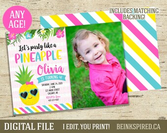 May include: A pink and blue striped background with a pineapple design and the text "Let's party like a PINEAPPLE Olivia is turning 4!"  The invitation includes a photo of a young girl with blonde hair and a pink shirt. The text also includes the date, time, and location of the party.