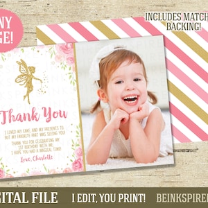 Cartão de agradecimento de fadas - ARQUIVO DIGITAL - Obrigado personalizado para festa de aniversário de fadas - qualquer idade! Mude a mensagem! Versão fotográfica disponível!