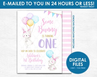 Easter Bunny First Birthday Invitation - Printable DIGITAL FILE - Watercolor Pastel Easter Bunny First Birthday Party Invite Invitation