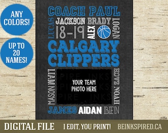 Basketball Coach Gift - DIGITAL FILE - Personalized Sports Team Photo Gift - Up to 20 Names! Change Colors!