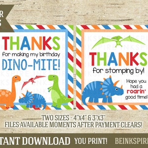 Editable Thank You Dino Favor Tag, Printable Birthday Label Template, PK08