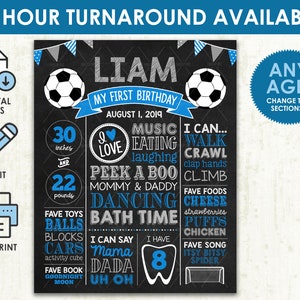 青いサッカーのマイルストーン サイン - 印刷可能なデジタル ファイル - サッカーの 1 歳の誕生日パーティーの黒板サイン - あらゆる年齢に対応! セクションを変更できます!