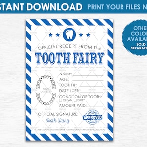 Recibo del hada de los dientes - DESCARGA INSTANTÁNEA - Tabla de certificado de recibo del primer diente perdido para niños azul imprimible de 5 "x 7" - ¡Descargue sus archivos ahora!