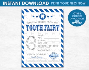 Tooth Fairy Receipt - INSTANT DOWNLOAD - Printable Blue 5"x7" Boys First Lost Tooth Receipt Certificate Chart - Download Your Files Now!