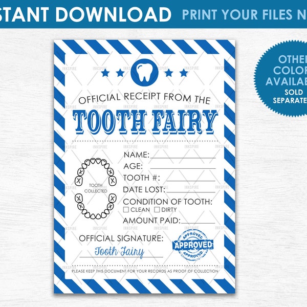 Tooth Fairy Receipt - INSTANT DOWNLOAD - Printable Blue 5"x7" Boys First Lost Tooth Receipt Certificate Chart - Download Your Files Now!