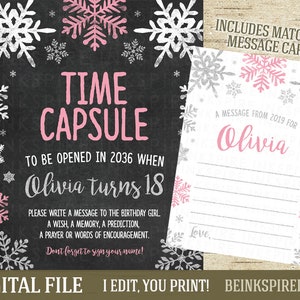 Winter Onderland Time Capsule - druckbare DIGITALDATEI - Rosa & Silber Glitzer-Schneeflocken-Schild mit passender Karte - Ändern Sie Namen und Jahre!