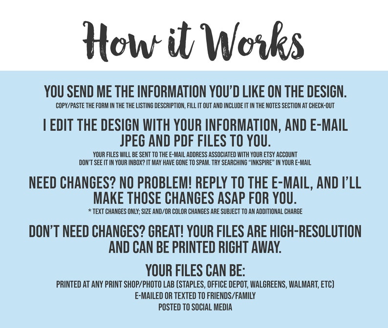 Pode incluir: Um fundo azul claro com texto branco que explica como encomendar um design personalizado. O texto diz "Como funciona" e explica que voc&ecirc; envia as informa&ccedil;&otilde;es que gostaria no design, o vendedor edita o design com suas informa&ccedil;&otilde;es e envia arquivos JPEG e PDF por e-mail. O texto tamb&eacute;m diz que se voc&ecirc; precisar de altera&ccedil;&otilde;es, pode responder ao e-mail e o vendedor far&aacute; essas altera&ccedil;&otilde;es. O texto tamb&eacute;m diz que se voc&ecirc; n&atilde;o precisar de altera&ccedil;&otilde;es, seus arquivos s&atilde;o de alta resolu&ccedil;&atilde;o e podem ser impressos imediatamente. O texto tamb&eacute;m diz que seus arquivos podem ser impressos em qualquer loja de impress&atilde;o, enviados por e-mail ou mensagem de texto para amigos e familiares, ou publicados nas redes sociais.