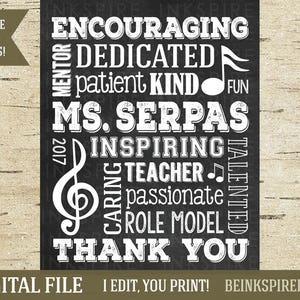 K&ouml;nnte beinhalten: Schwarz-wei&szlig;es druckbares Lehrer-Dankesch&ouml;n-Poster mit den Worten "Encouraging", "Dedicated", "Patient", "Kind", "Fun", "Ms. Serpas", "Inspiring", "Teacher", "Passionate", "Role Model", "Talented", "Caring" und "Thank You".