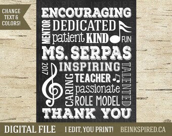 Personalized Music Teacher Gift - DIGITAL FILE - Piano Teacher Appreciation Thank You Gift - Change Colors and Adjectives!