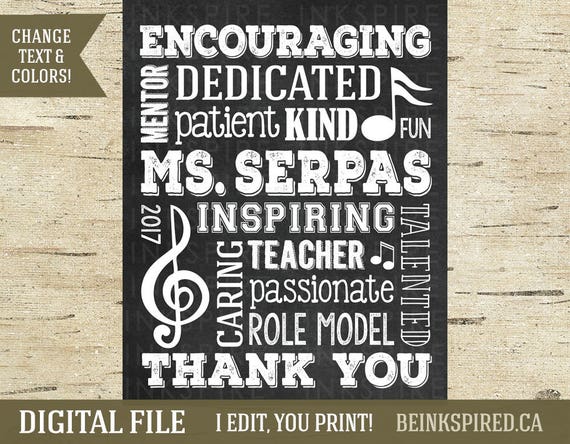Personalized Music Teacher Gift - DIGITAL FILE - Piano Teacher Appreciation Thank You Gift - Change Colors and Adjectives!