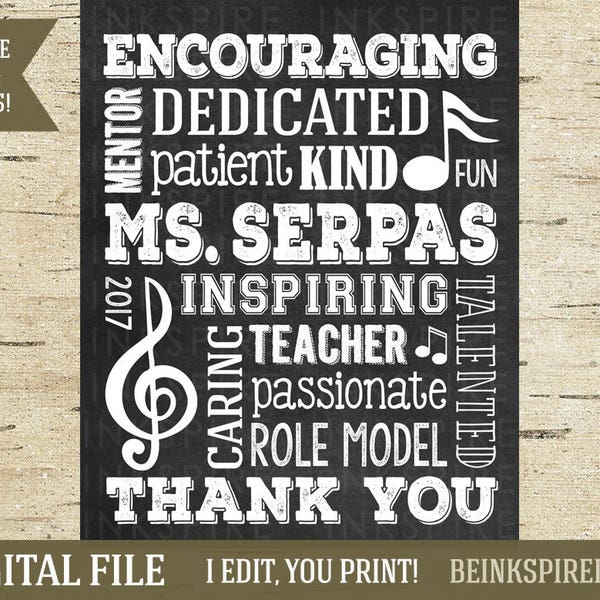 Personalized Music Teacher Gift - DIGITAL FILE - Piano Teacher Appreciation Thank You Gift - Change Colors and Adjectives!