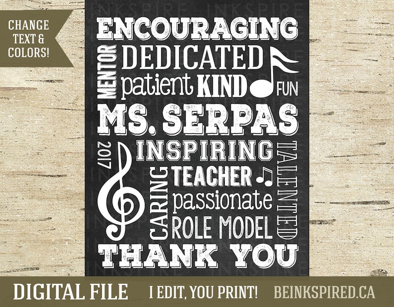 K&ouml;nnte beinhalten: Schwarz-wei&szlig;es druckbares Lehrer-Dankesch&ouml;n-Poster mit den Worten "Encouraging", "Dedicated", "Patient", "Kind", "Fun", "Ms. Serpas", "Inspiring", "Teacher", "Passionate", "Role Model", "Talented", "Caring" und "Thank You".