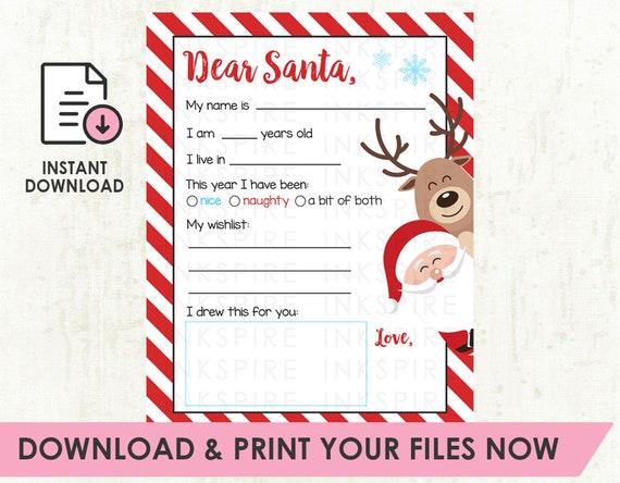 Printable Letter to Santa Claus  INSTANT DOWNLOAD  Blank