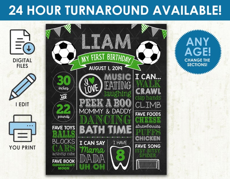 May include: A black and green chalkboard style birthday sign with the name Liam and the text "My First Birthday" with the date August 1, 2019. The sign includes details about the child's age, weight, height, favorite foods, toys, and activities. The sign is decorated with soccer balls and green and white stripes.