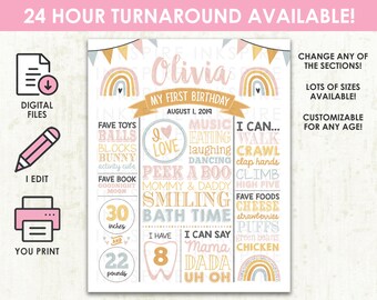 May include: A pink and yellow printable first birthday milestone poster with rainbows, a heart, and the name Olivia. The poster includes details about the child's age, height, weight, favorite toys, foods, and activities. It also includes the text "My First Birthday" and "August 1, 2019".