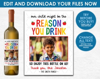 EDITABLE Teacher Wine Label - Teacher Appreciation Gift - Personalized Teacher Thank You Gift - Daycare Gift - Download & Edit Yourself Now!