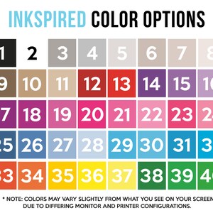 Pu&ograve; includere: Una tabella di 40 opzioni di colore numerate da 1 a 40. I colori sono disposti in righe di 8.  *NOTA: I COLORI POSSONO VARIARE LEGGERMENTE RISPETTO A QUELLO CHE SI VEDE SULLO SCHERMO A CAUSA DELLE DIVERSE CONFIGURAZIONI DEL MONITOR E DELLA STAMPANTE.