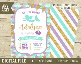 Mermaid Birthday Invitation, Mermaid Invitation, Mermaid Birthday, Under the Sea, Any Age, Purple Teal Gold, Glitter, ADA, DIGITAL FILE