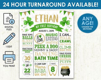 Shamrock Birthday Chalkboard - Printable DIGITAL FILE - St. Patrick's Day Birthday Milestone Poster Sign - Any Age! Change the Sections!