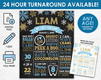 May include: A blue and gold printable first birthday chalkboard sign with the name Liam. The sign features a snowflake design and includes details about the child's age, height, weight, and favorite things.
