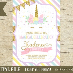 Unicorn Birthday Invitation, Unicorn Invitation, Magical Invitation, Rainbow Gold Glitter, Unicorn Party, 1st 2nd 3rd, KADENCE, DIGITAL FILE image 2