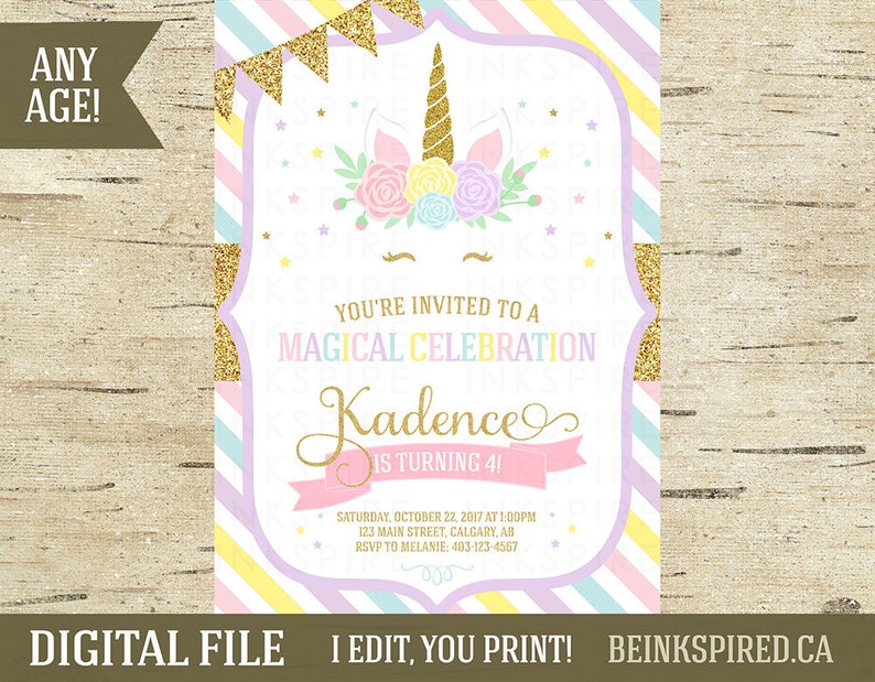 Unicorn Birthday Invitation, Unicorn Invitation, Magical Invitation, Rainbow Gold Glitter, Unicorn Party, 1st 2nd 3rd, KADENCE, DIGITAL FILE image 2