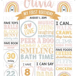 Pode incluir: Um gr&aacute;fico colorido para o primeiro anivers&aacute;rio de uma menina chamada Olivia. O gr&aacute;fico apresenta arco-&iacute;ris, cora&ccedil;&otilde;es e um dente. Ele lista a idade, a altura, o peso, os brinquedos, os alimentos e as atividades favoritas do beb&ecirc;. O gr&aacute;fico tamb&eacute;m inclui uma lista de coisas que o beb&ecirc; pode fazer, como andar, engatinhar e dizer "mam&atilde;e".