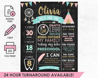 Wild One First Birthday Chalkboard - Printable DIGITAL FILE - Girls Pink, Mint, Gold Glitter Tribal Birthday Milestone Sign Poster Banner