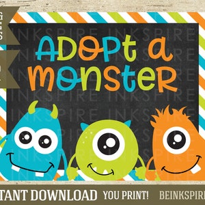 Adopt a Monster Sign - INSTANT DOWNLOAD - Printable Birthday Party Favor Table Sign