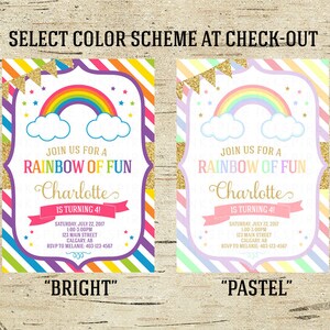 May include: Two rainbow birthday party invitations with different color schemes. The left invitation is in bright colors with a rainbow, clouds, and stars. The right invitation is in pastel colors with a rainbow, clouds, and stars. Both invitations say "Join us for a Rainbow of Fun" and include the name "Charlotte" and the text "is turning 41".