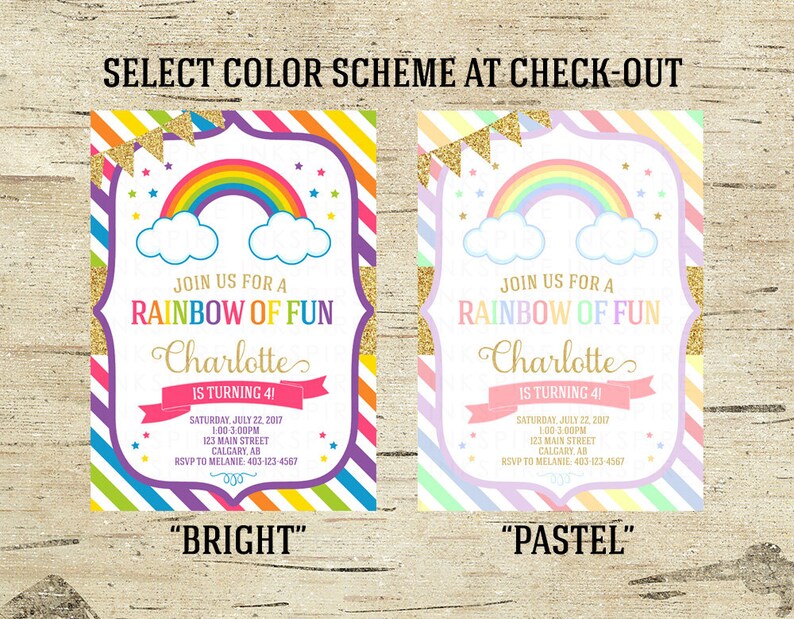 May include: Two rainbow birthday party invitations with different color schemes. The left invitation is in bright colors with a rainbow, clouds, and stars. The right invitation is in pastel colors with a rainbow, clouds, and stars. Both invitations say "Join us for a Rainbow of Fun" and include the name "Charlotte" and the text "is turning 41".