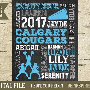 Pu&ograve; includere: Un design digitale stampabile in bianco e nero con una squadra di cheerleader con il testo "Varsity Cheer Madison 2017 Calgary Cougars" e i nomi delle cheerleader: Alexis, Lauren, Jayde, Bella, Caylee, Abigail, Hannah Quinn, Emma, Hailey, Elizabeth, Lily, Jade, Harper e Serenity.