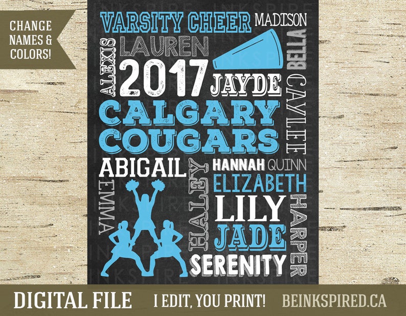 Pu&ograve; includere: Un design digitale stampabile in bianco e nero con una squadra di cheerleader con il testo "Varsity Cheer Madison 2017 Calgary Cougars" e i nomi delle cheerleader: Alexis, Lauren, Jayde, Bella, Caylee, Abigail, Hannah Quinn, Emma, Hailey, Elizabeth, Lily, Jade, Harper e Serenity.