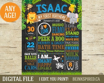 May include: A colorful chalkboard style printable sign for a first birthday party. The sign features a jungle theme with animal illustrations and text that says "Isaac, My First Birthday, January 27, 2019". The sign also includes details about the child's age, height, weight, favorite toys, and other milestones.