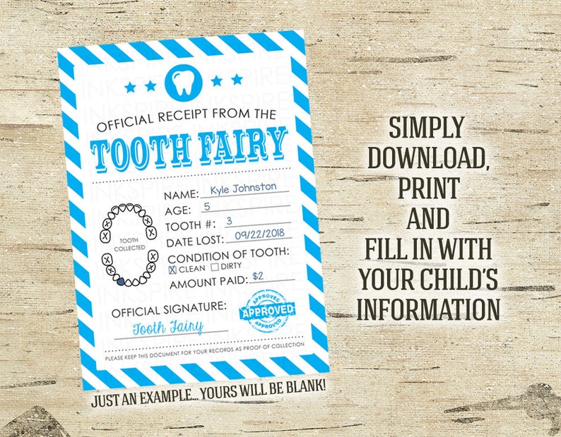 Tooth Fairy Receipt for Boys INSTANT DOWNLOAD Printable | Etsy